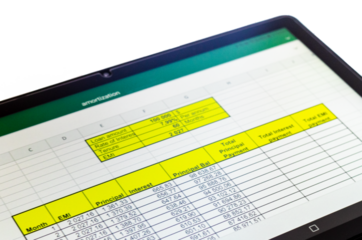 Shot of an excel sheet on tablet screen showing bank loan amortization table on the transparent background