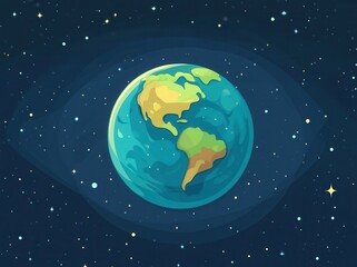A cartoonish drawing of the Earth with a blue sky and stars in the background. The drawing is of a close up of the Earth with a greenish tint