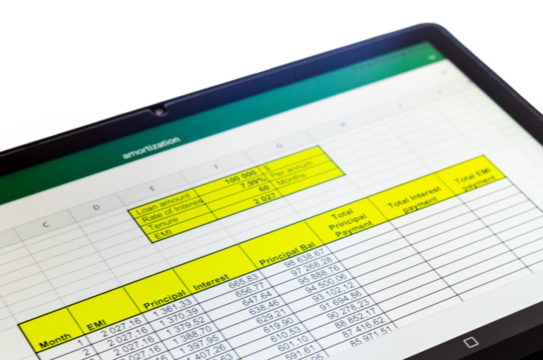 Shot of an excel sheet on tablet screen showing bank loan amortization table on the transparent background