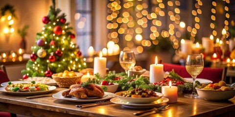 Close-Up of a Festively Set Rustic Christmas Dinner Table Showcasing a Centerpiece Tree with Lights and Baubles, Surrounded by a Scrumptious Feast and Soft Candle Glow, Inviting