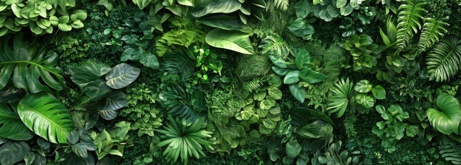 A lush green plant wall with many leaves and vines. Concept of growth and abundance