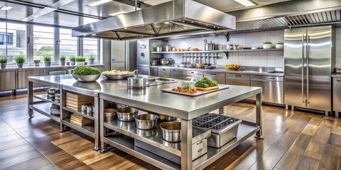 Close-Up of a Gleaming Stainless Steel Work Table in a Professional Kitchen, Showcasing Cut Vegetables, Roasted Herbs, and Industrial Equipment Against a Blurred Culinary