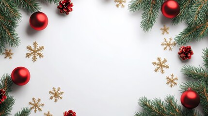 Christmas background with red ornaments, golden snowflakes, and pine branches on a light gray backdrop, featuring white space for text or design, top view, joyful holiday spirit with festive decor