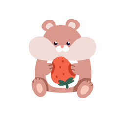 Cute plush hamster, stuffed toy, sitting with strawberry. Soft cuddly kawaii rodent animal. Adorable funny character for nursery, kindergarten. Flat vector illustration isolated on white background