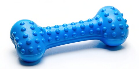 Obraz premium Close-Up of a Vibrant Blue Rubber Dog Bone Toy on White Surface, Textured with Bumpy Details, Soft Diffused Lighting Enhancing Playful Simplicity and Engaging Composition