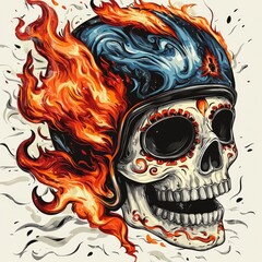 Flaming Skull with Motorcycle Helmet