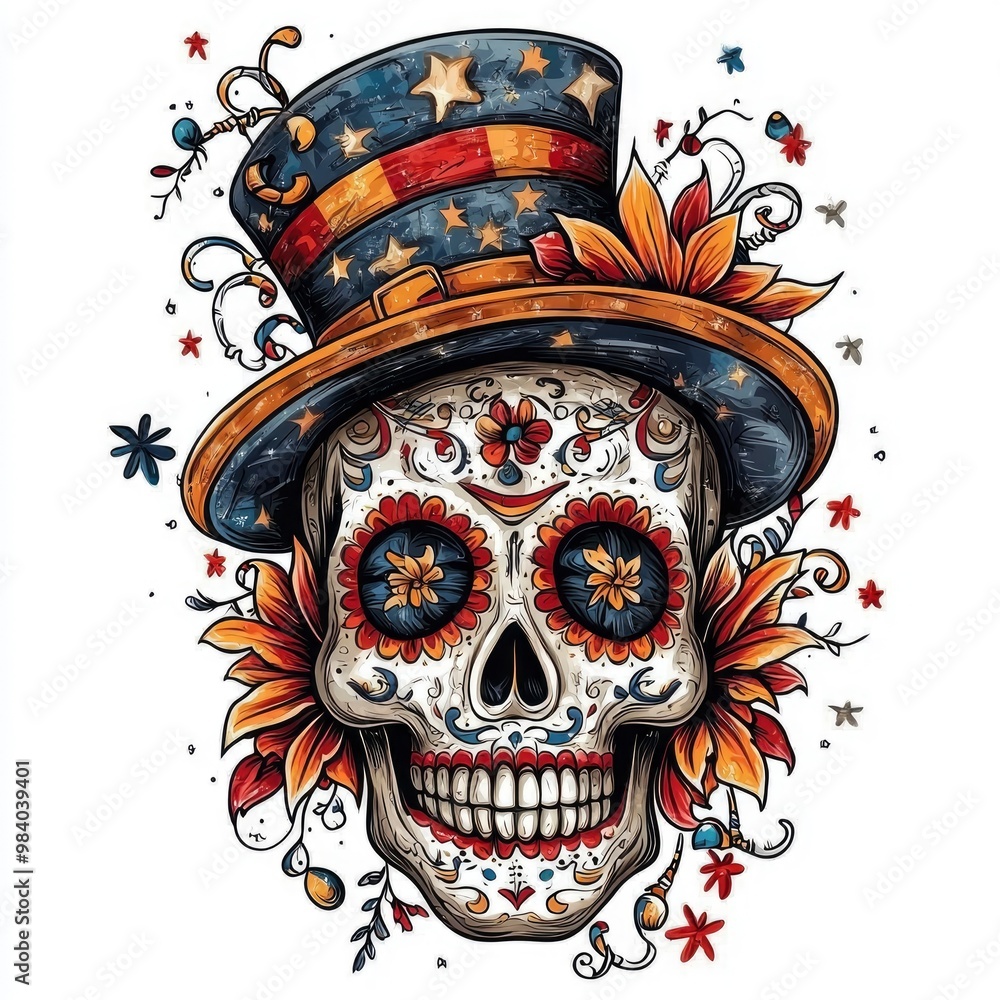 Sticker sugar skull with top hat and flowers