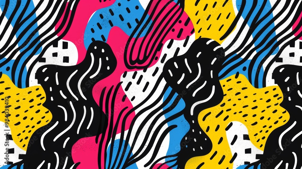 Poster a bright and vibrant abstract background featuring colorful shapes along with bold artistic patterns