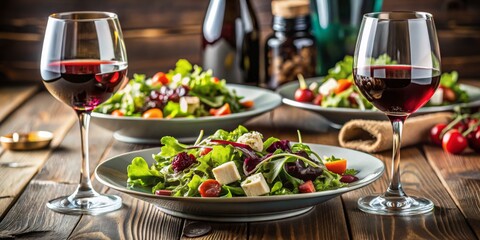 Close-up of an intimate dining table for two featuring a vibrant salad on a white plate, flanked by glasses of rich red wine, with a warm, inviting glow and a blurred background