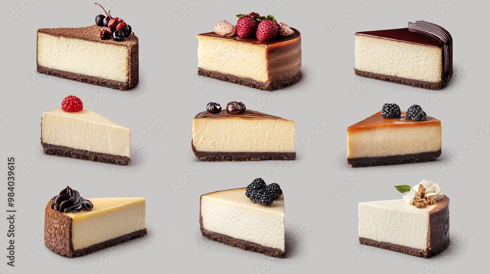 Poster assorted cheesecake slices arranged on a grey background with various toppings and crusts