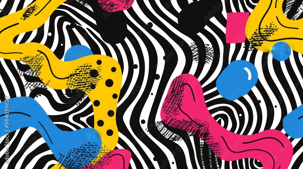 Poster a bright and vibrant abstract background featuring colorful shapes along with bold artistic patterns
