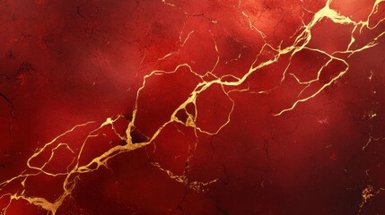 A red background with gold streaks and cracks. The cracks are jagged and the gold streaks are thin. The image has a sense of chaos and destruction