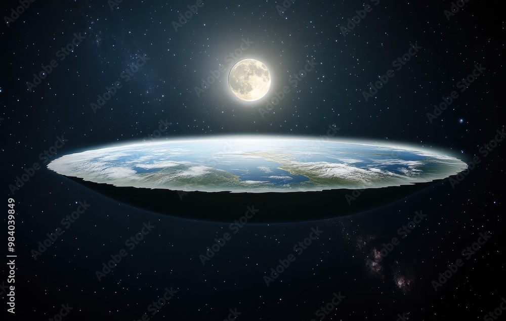 Poster a large planet with a moon in the sky. the planet is so large that it is a giant ball. the moon is s