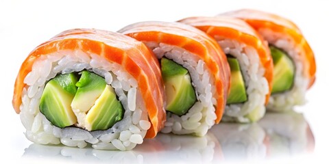 Close-Up of Four Vibrantly Colored Sushi Rolls in a Straight Arrangement on a White Surface, Showcasing Pearly Rice, Bright Avocado, and Salmon Wrapped Like Ribbons Under Soft