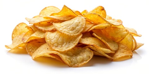 Close-Up of Freshly Fried Potato Chips on White Background Golden Yellow and Brown Hues Create Depth and Texture with Irregular Shapes for a Natural, Handcrafted Appeal