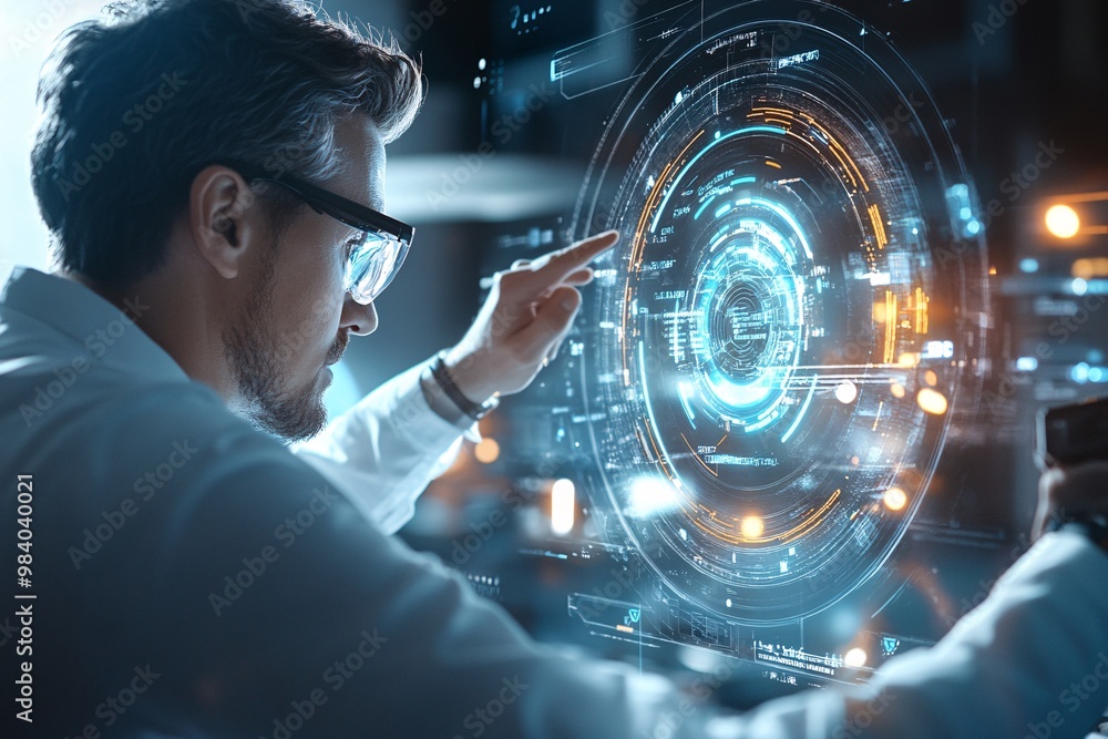Poster scientist interacting with digital display technology