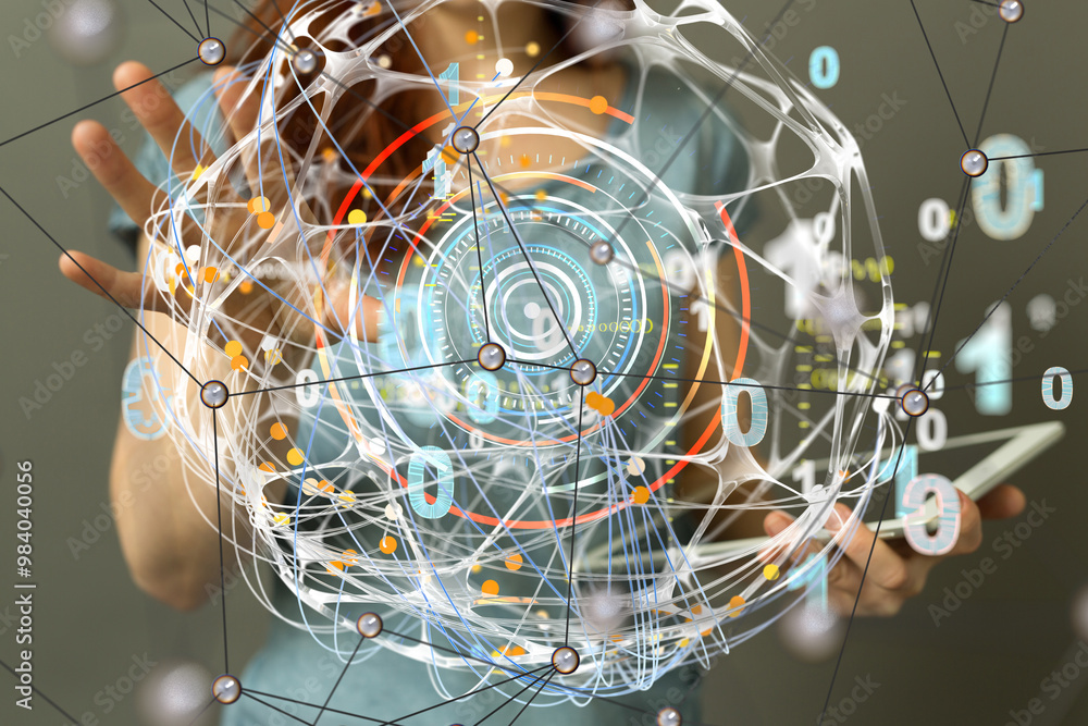 Aufkleber network holding in hand 3d connection data