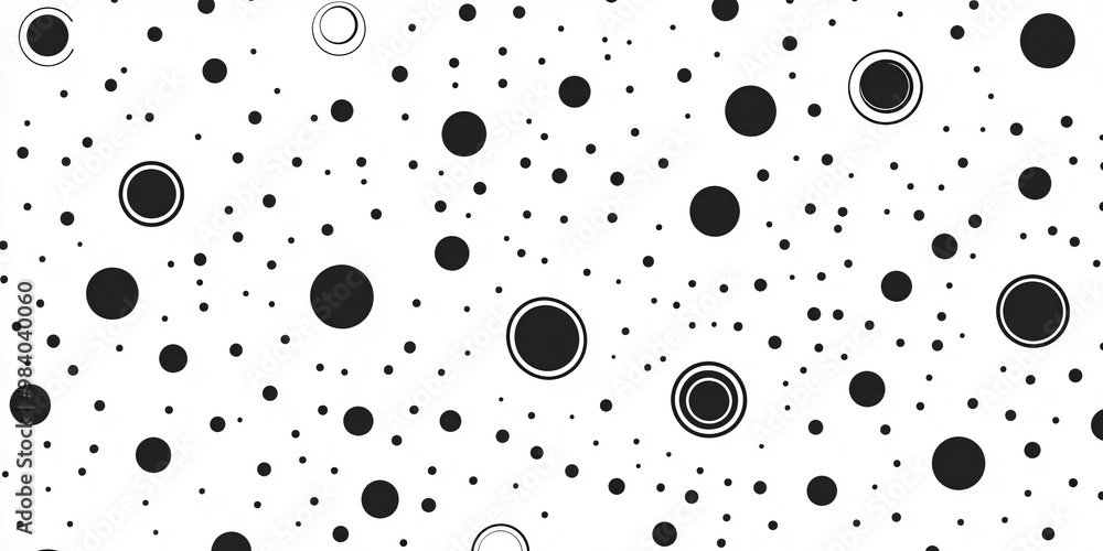 Poster a black and white image of many small circles. the circles are of various sizes and are scattered ac