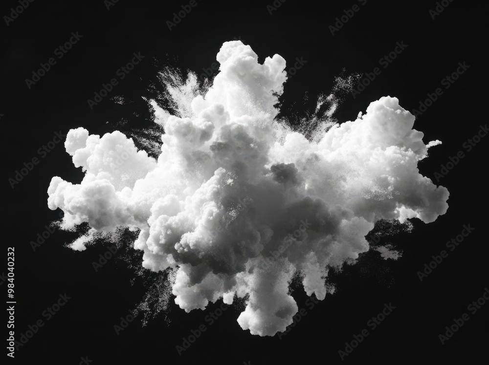 Poster a white cloud with a black background. the cloud is white and looks like it is exploding. scene is i