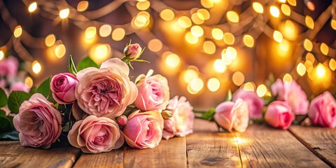 Close-Up of Loose Arrangement of Delicate Pink Roses on Wooden Surface with Warm Bokeh Lights, Creating a Dreamy and Romantic Atmosphere of Nature's Elegance