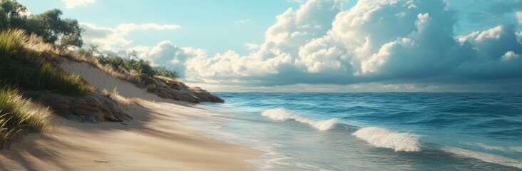 Obraz premium A beach with a cloudy sky in the background. The sky is overcast and the water is calm