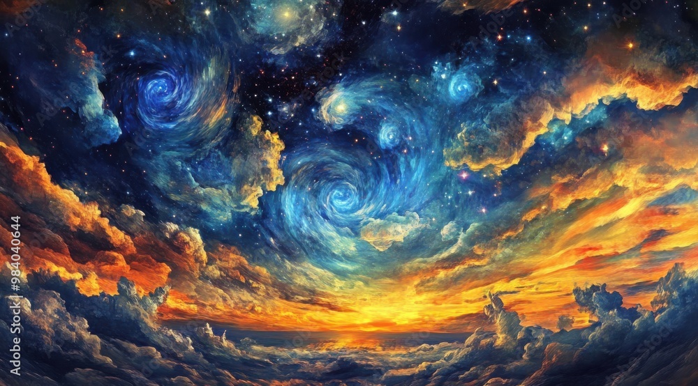 Wall mural a painting of a starry sky with a swirl of clouds in the middle. the sky is filled with stars and th