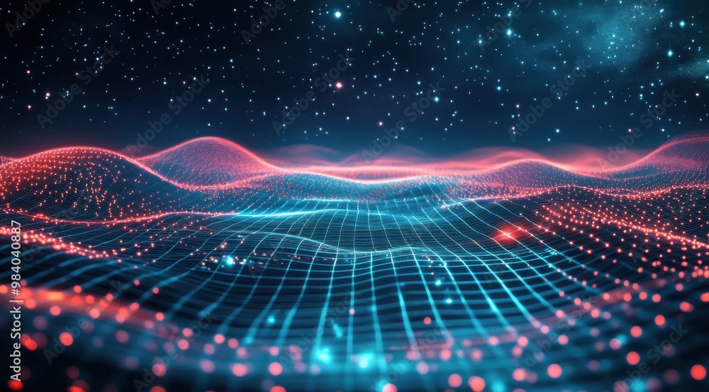 Poster a blue and red wave of light with many dots. the blue and red colors give the image a sense of depth