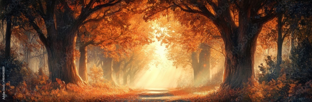 Poster a painting of a forest with trees and leaves. the painting is of a path that is surrounded by trees.