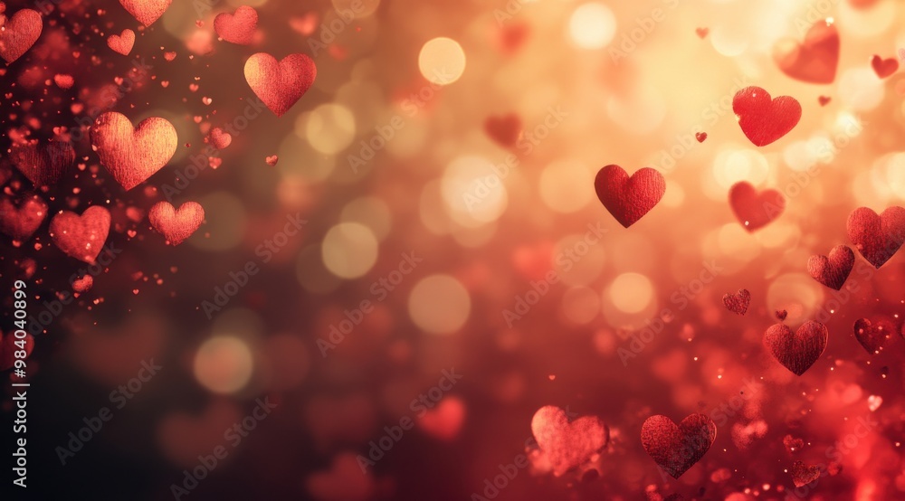 Poster a red background with many hearts scattered throughout. the hearts are of different sizes and are pl