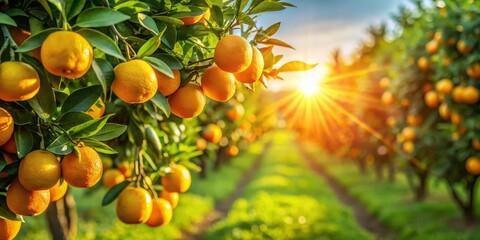 Close-Up of Vibrant Orange Orchard at Sunset Ripe Oranges and Deep Green Leaves with Soft Background Blur, Illuminated by Warm Sunlight, Capturing Nature's Abundance and