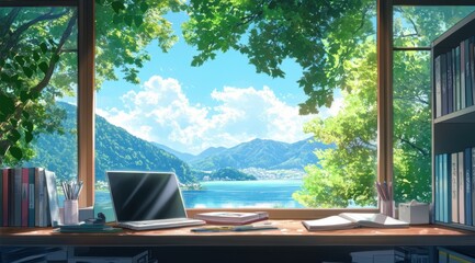 A desk with books, laptop and stationery is placed in front of the window overlooking beautiful scenery. The lake outside shines through the trees.