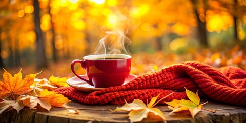 Cozy Autumn Coffee Moments Close-Up of Vibrant Red Cup on White Saucer Surrounded by Colorful Leaves and a Knitted Blanket, Set Against a Blurred Forest Bokeh Background
