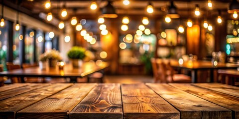 Obraz premium Cozy Rustic Atmosphere Close-Up of a Warm Brown Wooden Table with Distinct Grain, Soft Glowing Lights in Blurred Restaurant Background, Emphasizing Depth and Intimacy