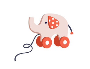 Cute elephant, pull toy on wheels. Funny kawaii wooden animal with string for fun and play in preschool nursery, kindergarten. Kids flat graphic vector illustration isolated on white background
