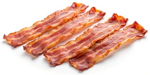 Crispy Bacon Slices in a Semi-Circle Close-Up Composition on White Background, Showcasing Warm Colors and Textural Details of Perfectly Cooked Breakfast Delight