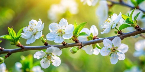 Obraz premium Delicate Beauty Close-Up of Cherry Blossom Branch with White Flowers and Yellow Centers, Shallow Depth of Field, Vibrant Green Leaves, Soft Blurred Background Revealing Spring's