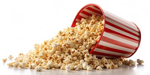 Obraz premium Dynamic Close-Up of Red and White Striped Popcorn Bucket Spilling Fluffy Popcorn on White Surface, Emphasizing Movement, Vibrant Colors, and Joyful Movie Night Vibes