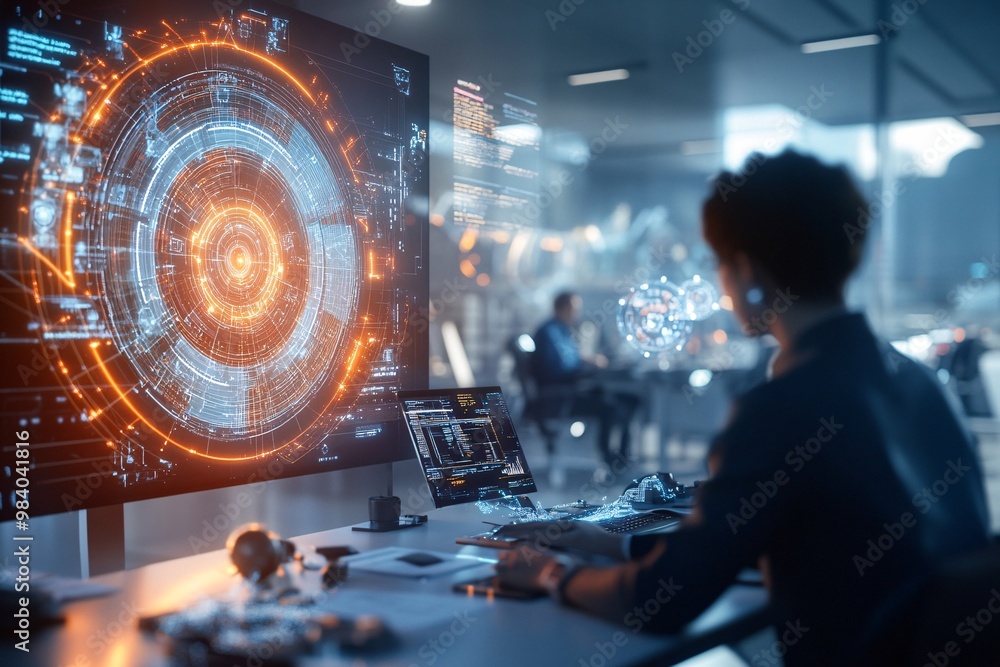 Poster futuristic workspace with digital interfaces and technology