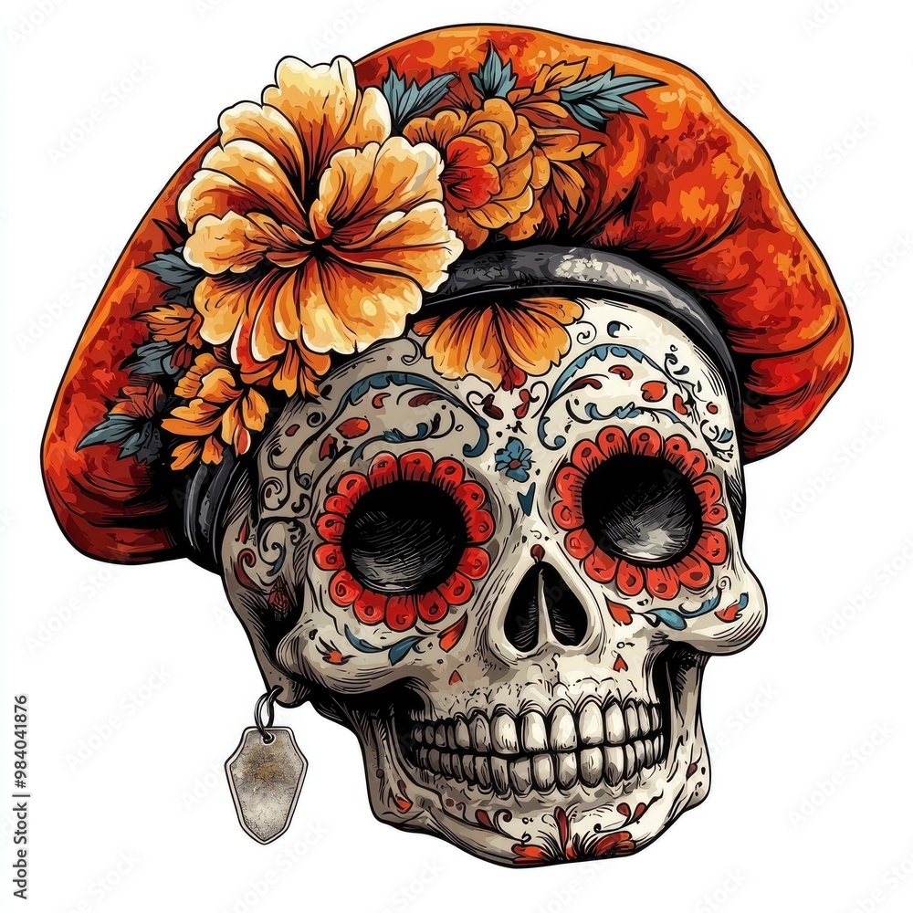 Wall mural day of the dead sugar skull with flowers and beret