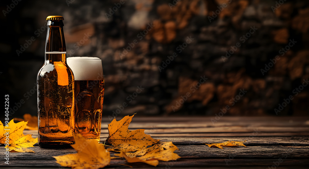 Poster glass and bottle of beer and yellow leaves on a wooden table on a dark background with space for tex