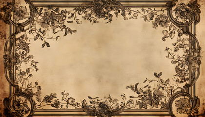 Obraz premium A sepia-toned wallpaper featuring antique floral patterns and ornate frames, offering a nostalgic charm