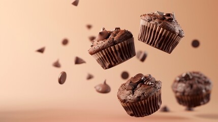 Chocolate muffin dark sweet cake flying solid background for background