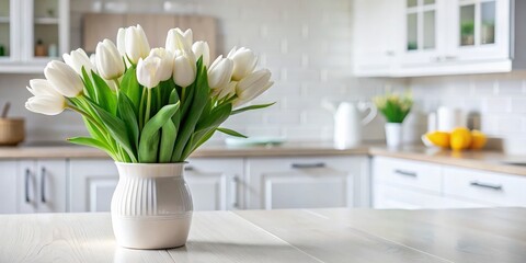 Elegant White Tulips Bouquet in a Simple White Vase on a White Table, Captured in Soft Focus Against a Blurred Kitchen Background, Emphasizing Freshness and Clean Lines