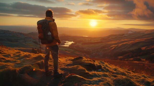 A traveler enjoys a stunning sunset view over mountains and valleys. The golden light paints the sky and landscape in warm tones.