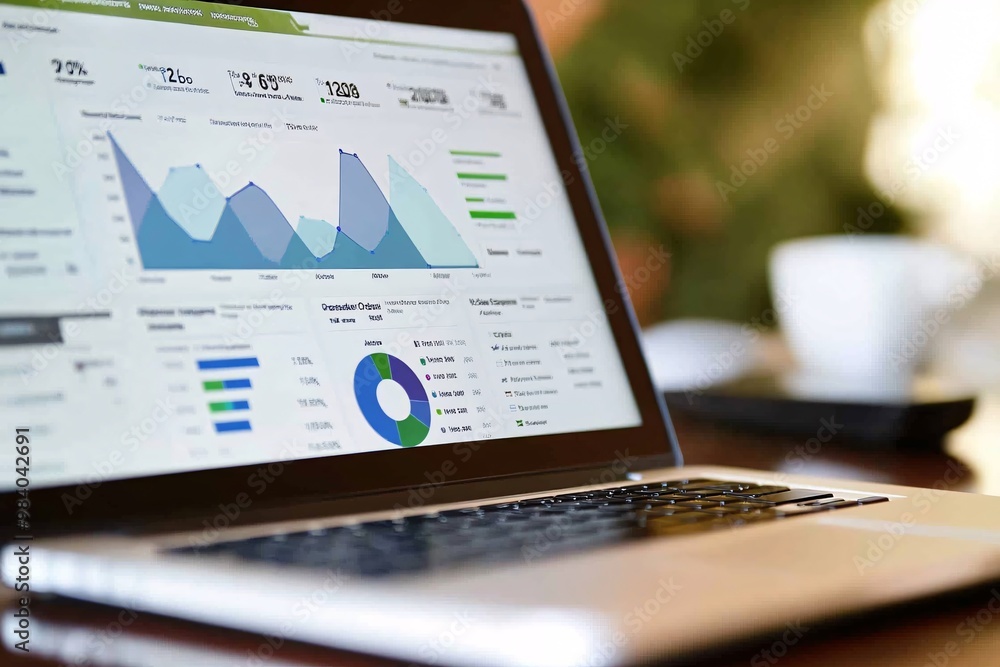 Poster data analysis on laptop displaying business graphs