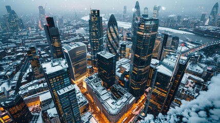 Fototapeta premium Snowy Cityscape: Aerial View of Skyline with Glittering Lights and Snow-Covered Buildings at Dusk