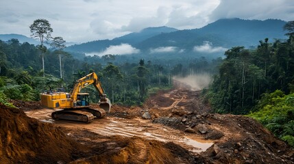 A mountainous landscape being stripped of its forests for mining operations, with heavy machinery tearing into the earth, leaving behind a barren, scarred, and desolate surface, symbolizing the enviro