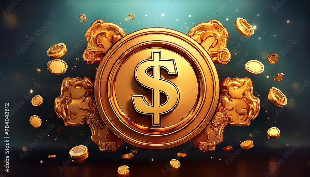 Poster a shiny gold coin with a dollar sign is surrounded by floating coins, emphasizing wealth and financi