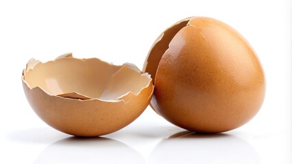 Asymmetrical broken brown eggshell isolated on white background