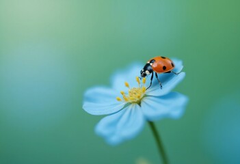 Macro photography of a ladybug on a light blue flower, blurred bokeh background, copy space on a side